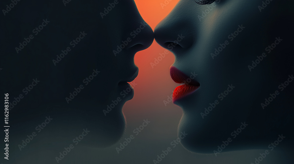 A captivating close-up of a man and woman's lips almost meeting in a kiss, set against a romantic gradient backdrop that highlights the tender moment of connection and intimacy. A captivating close-up of a man and woman's lips almost meeting in a kiss, set against a romantic gradient backdrop that highlights the tender moment of connection and intimacy.
