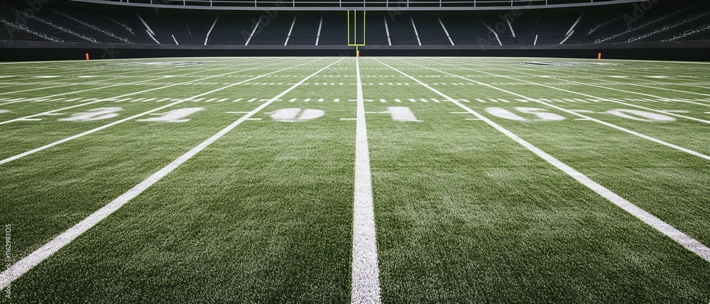 A football field with white lines and a black and white football A football field with white lines and a black and white football