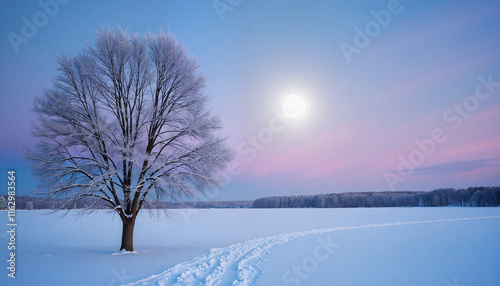 Serene snowy landscape at dusk with bare tree, Winter Solstice