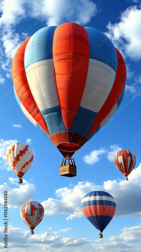 Naklejka premium Colorful hot air balloons floating in blue sky with white clouds during daytime festival celebration outdoor scenic background for travel adventure vacation fun experience