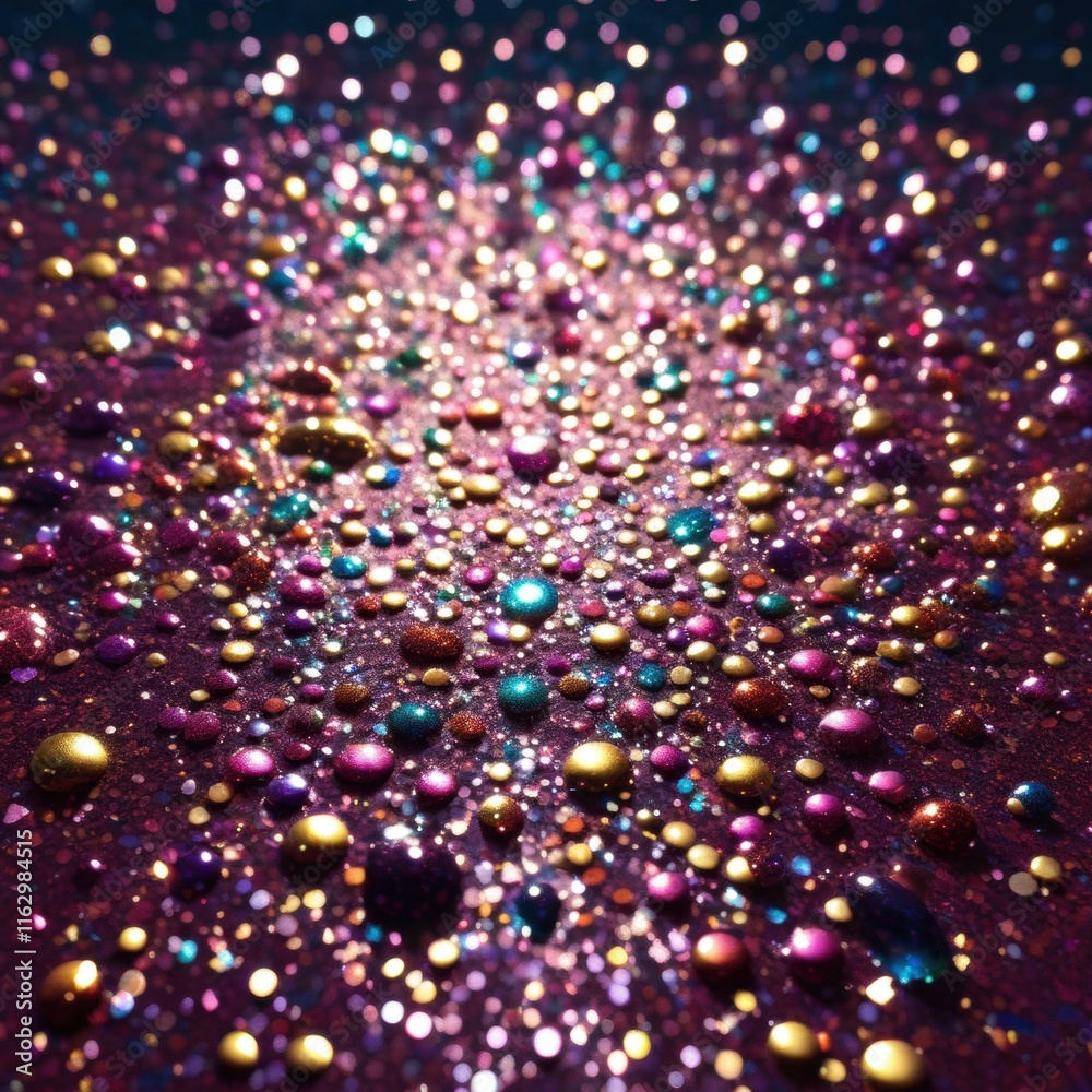 A mesmerizing abstract pattern of colorful glitter droplets scattered across a dark surface, creating a vibrant and festive display. A mesmerizing abstract pattern of colorful glitter droplets scattered across a dark surface, creating a vibrant and festive display.