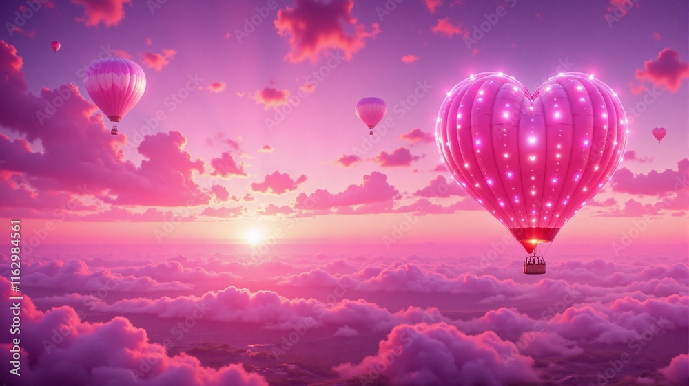 Obraz premium Bright heart-shaped hot air balloon soaring above clouds at sunset with colorful sky
