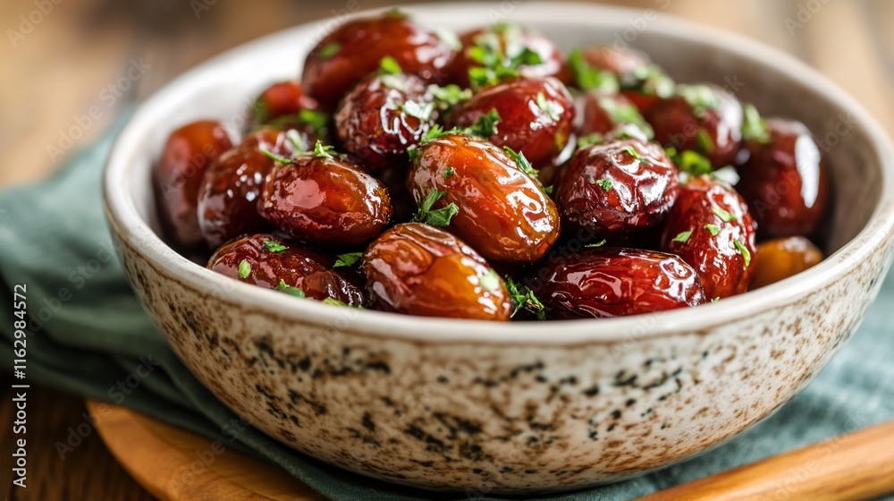 Bowl of glazed dates garnished with fresh herbs. Bowl of glazed dates garnished with fresh herbs.
