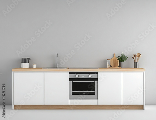 Simple kitchen with white cabinets and streamlined appliances, minimalistic furniture, harmonious design 
