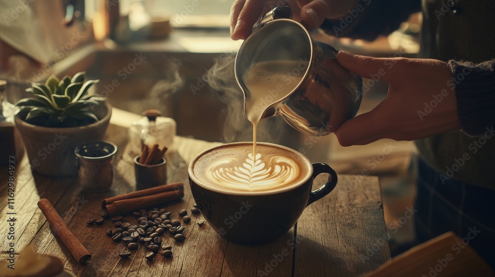 custom made wallpaper toronto digitalA skilled barista carefully pours steamed milk into a black cup, creating intricate latte art. The rustic cafe setting features fresh coffee beans, a small plant, and fragrant spices