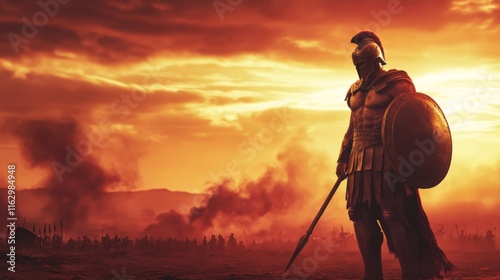 A solitary warrior clad in armor faces a dramatic sunset on a battlefield. The atmosphere is filled with smoke and the anticipation of conflict, evoking a sense of courage and strength photo