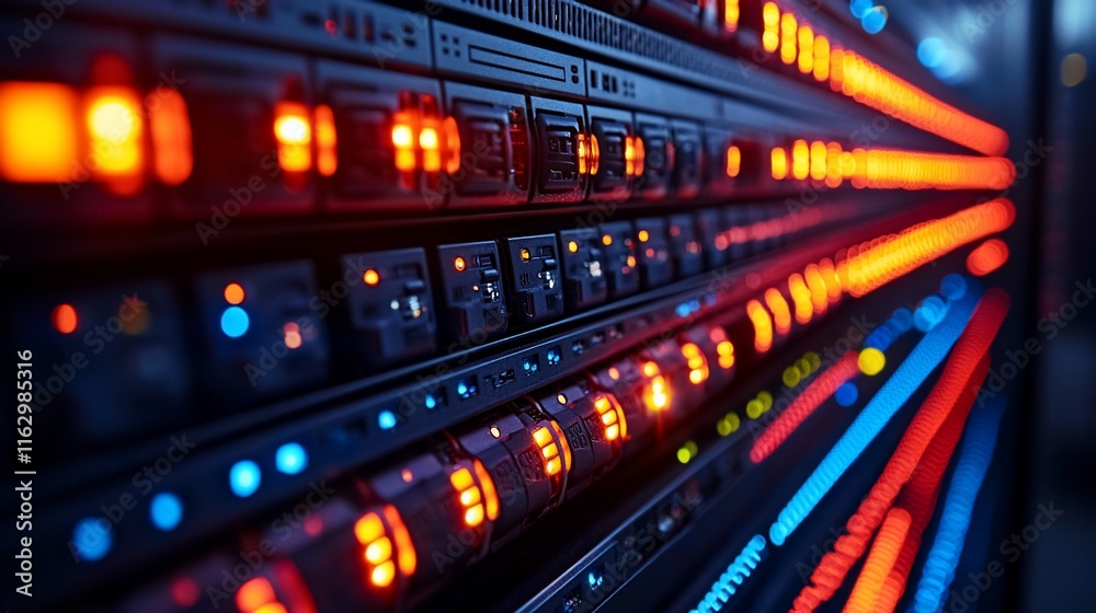 Fototapeta premium Illuminated Server Rack Displays Network Activity