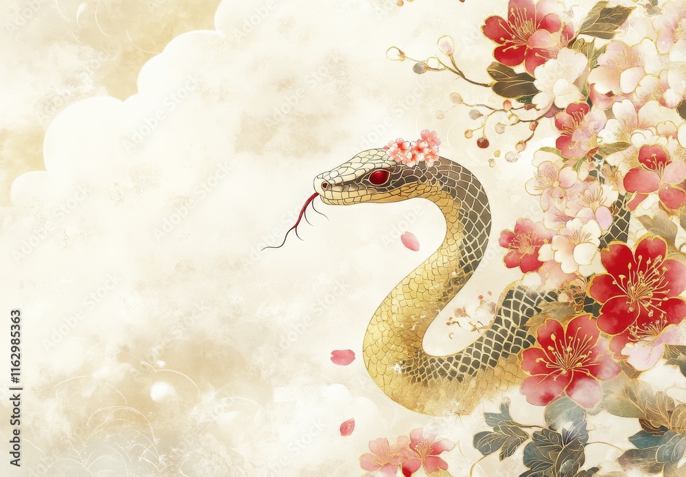 Obraz premium A snake with red flowers on its head is on a white background