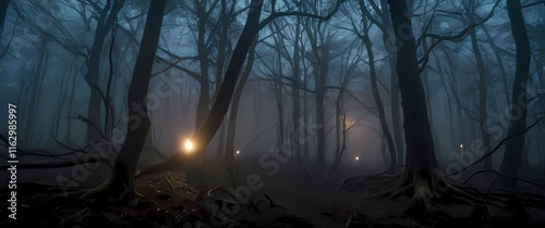 A hauntingly beautiful forest shrouded in mist where twisted branches reach out like fingers in the fading light photo