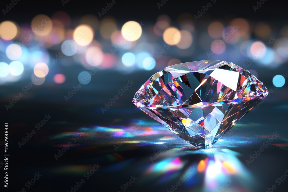 A diamond is on a dark background with a bright light shining on it A diamond is on a dark background with a bright light shining on it