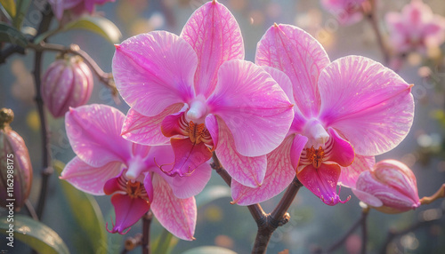 Close-up view of pink orchids blooming gracefully in a soft, natural background