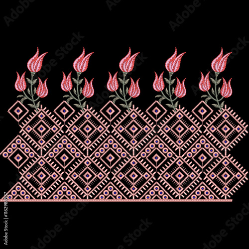 Geometrical and floral seamless border lace designs for digital and textile print on fabric.
