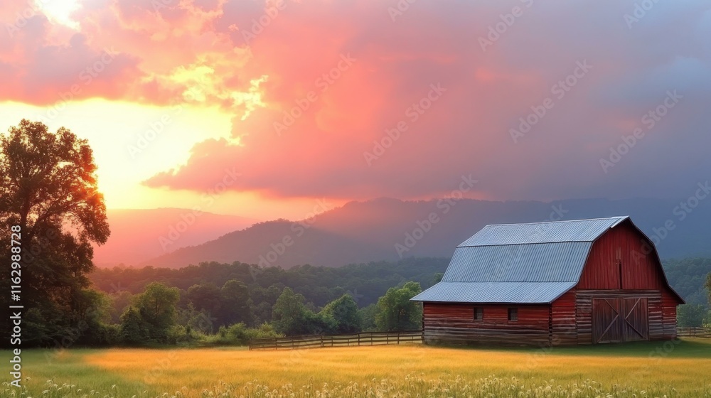 Serene sunset landscapes Rustic barn under pink clouds Serene sunset landscapes Rustic barn under pink clouds