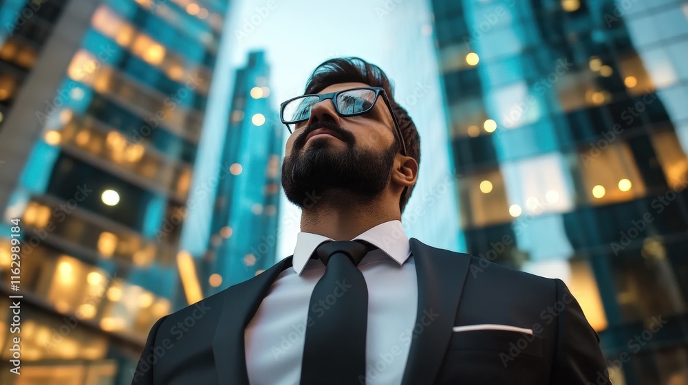 Fototapeta premium Confident businessman looking up at skyscrapers in a modern city