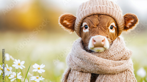 Highland cattle calf warmly dressed in a knitted scarf enjoys a sunny day photo