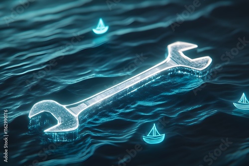 Glowing Wrench on Digital Ocean with Holographic Waves and Boat Icons