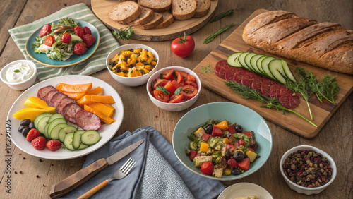 Wallpaper Mural Variety of fresh salads and ingredients on wooden table Torontodigital.ca