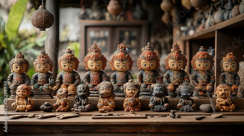 Ornate Figurines Displayed On Wooden Table photo