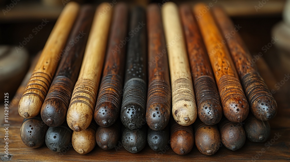 A Collection Of Aged Wooden Dowels Stacked Neatly A Collection Of Aged Wooden Dowels Stacked Neatly