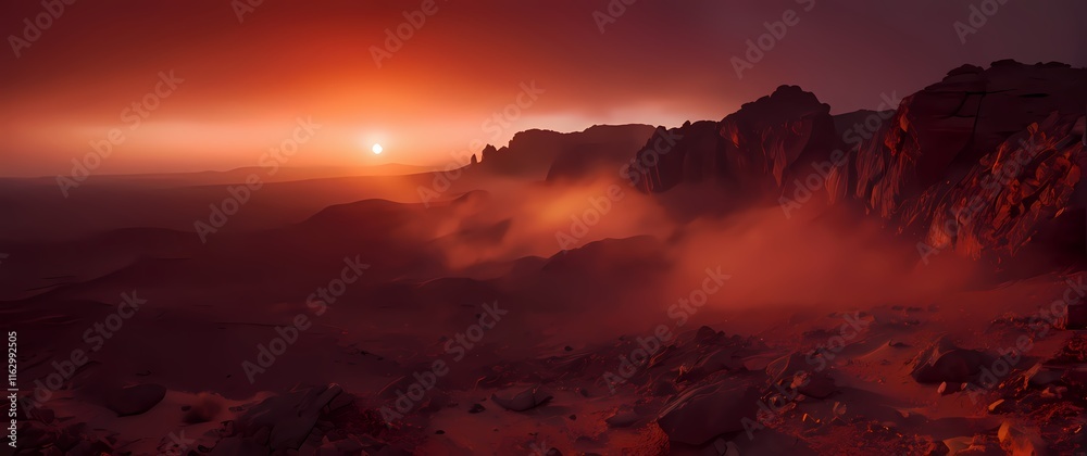 Fototapeta premium A dramatic shot of a sunset over a rocky desert landscape where the sky ignites in vibrant hues of red and orange