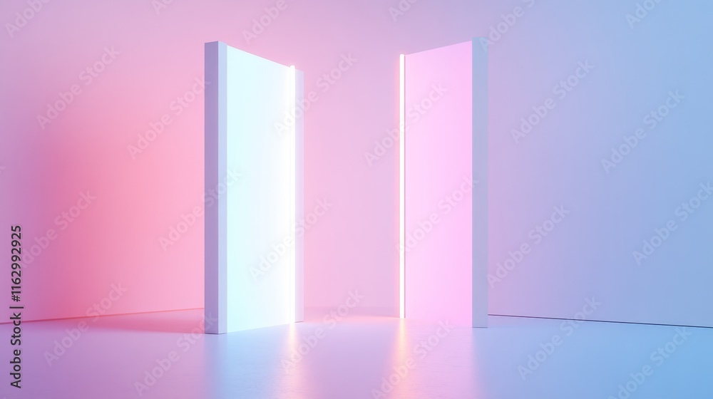 Futuristic glowing doors in pink and blue light. Futuristic glowing doors in pink and blue light.