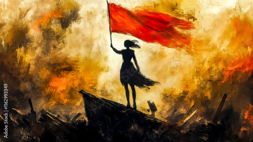 Woman raising red flag on barricade in post apocalyptic setting