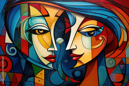 A colorful portrait of a couple with intertwined faces and layered patterns in abstract cubist or cubism style painting