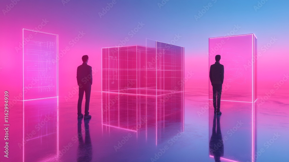 Futuristic scene with silhouettes and neon lights. Futuristic scene with silhouettes and neon lights.