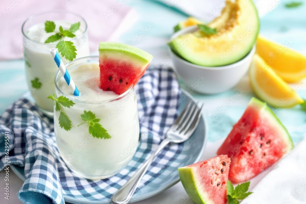 Ice-cold melon smoothies with watermelon, galia melon and yoghurt Ice-cold melon smoothies with watermelon, galia melon and yoghurt