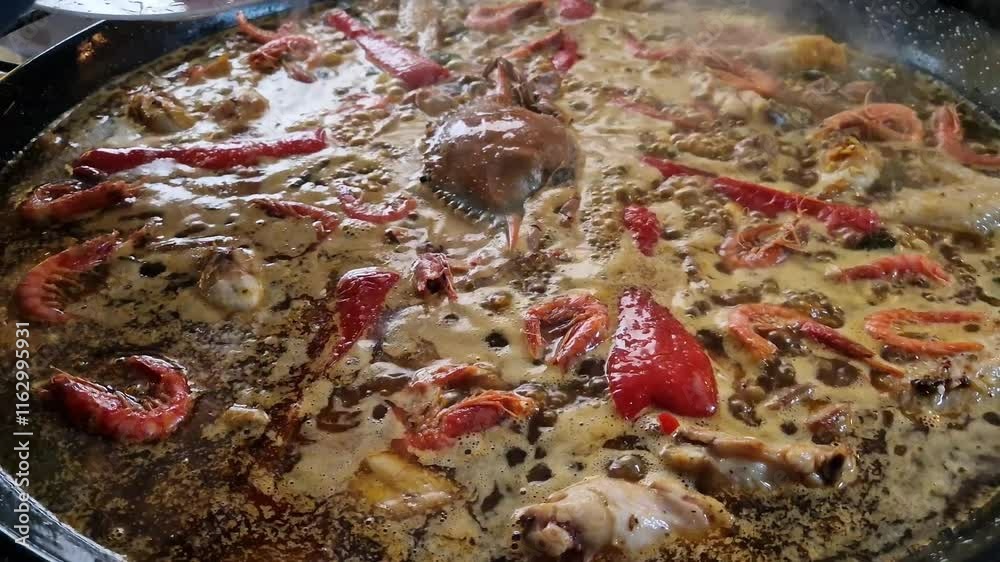 Cocción de un arroz mixto mal llamado paella con un cangrejo azul en el centro