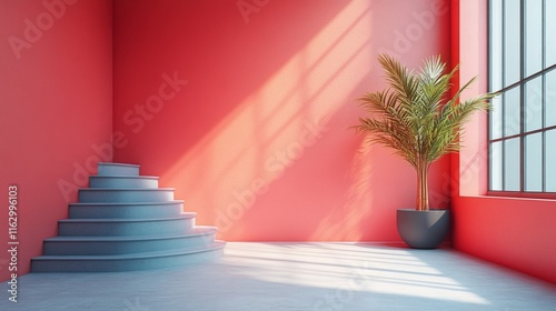 Minimalist staircase in a vibrant pink room