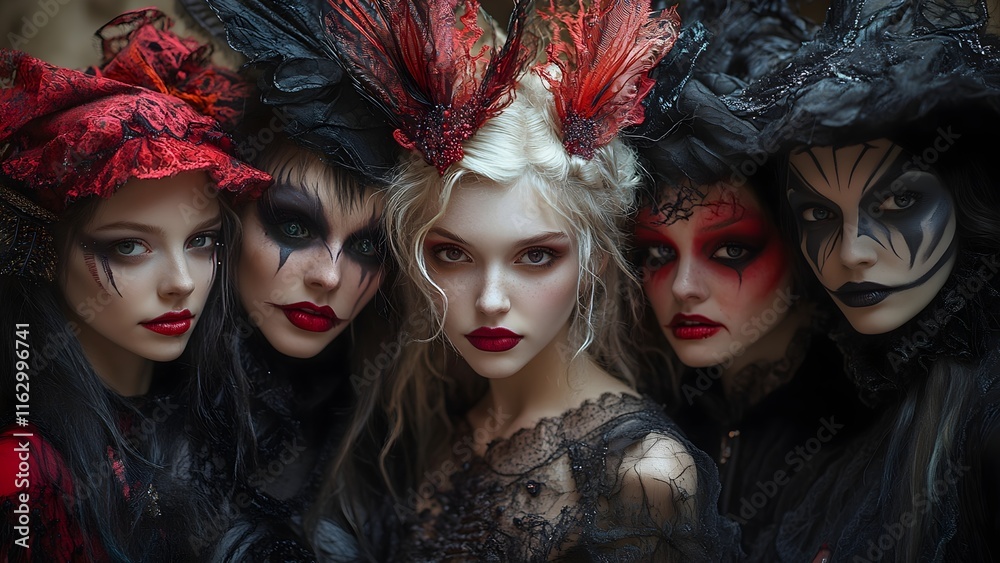Obraz premium Four Women in Gothic Victorian Costumes with Dramatic Makeup