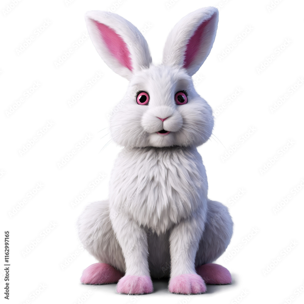 Fototapeta premium Fluffy white rabbit sitting upright with detailed features and lively expression captured in soft light setting