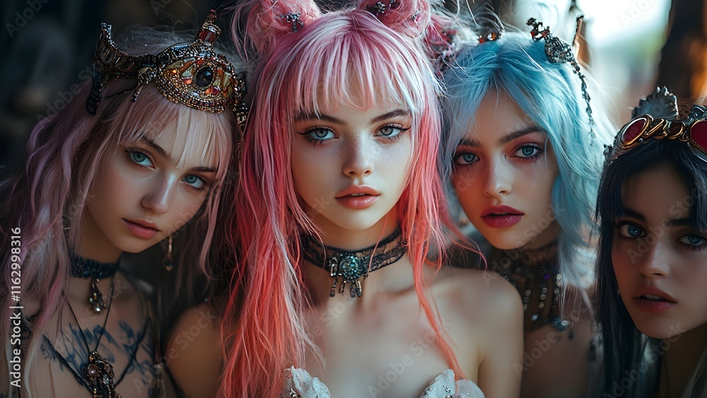 Fototapeta premium Three Women in Fantasy Costumes with Colorful Hair and Crowns
