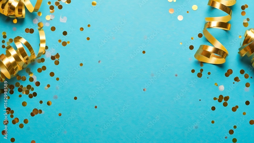 Fototapeta premium Blue background with gold confetti and ribbon on the side.