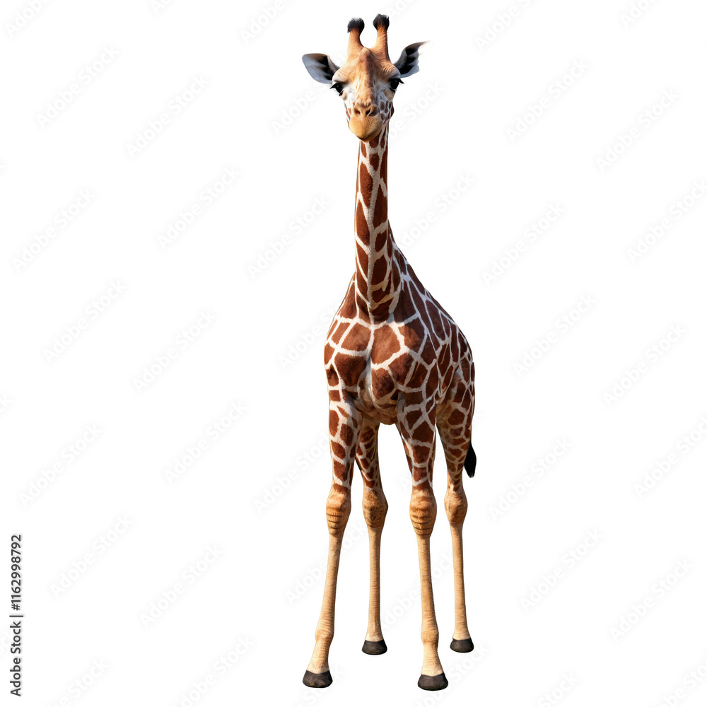 Obraz premium Fullbody giraffe with long neck standing gracefully in a natural setting against a white background