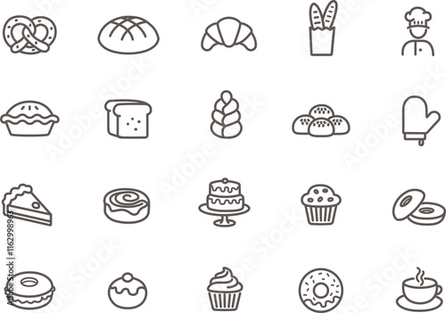 Bakery items icons, baked goods. Editable stroke, isolated line icon set. 