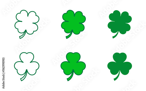 Flat shamrock icons vector set. Four leaf clover icon. Happy St Patricks day. Leaf clover on isolated background. Good luck four leaf clover flat icons for apps and websites.