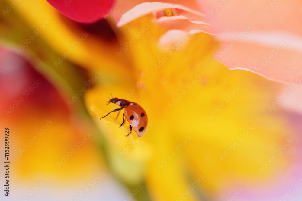 Closeup of a ladybird on a delicate yellow flower, perfect for a romantic greeting card. Closeup of a ladybird on a delicate yellow flower, perfect for a romantic greeting card.