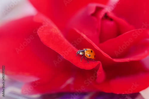 A closeup of a ladybug on a pink rose petal, perfect for a decorative floral theme. photo