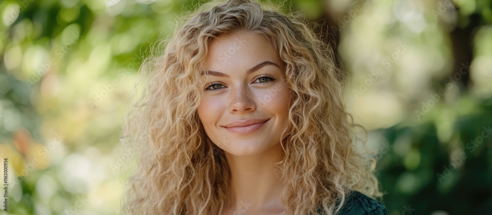 Smiling young woman with curly blonde hair in nature portrait empty space for text sunny outdoor setting vibrant background Smiling young woman with curly blonde hair in nature portrait empty space for text sunny outdoor setting vibrant background