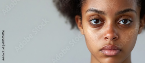 Obraz na płótnie Sleep deprived young African American woman with dark circles under her eyes isolated on soft grey background demonstrating exhaustion and fatigue w salonie