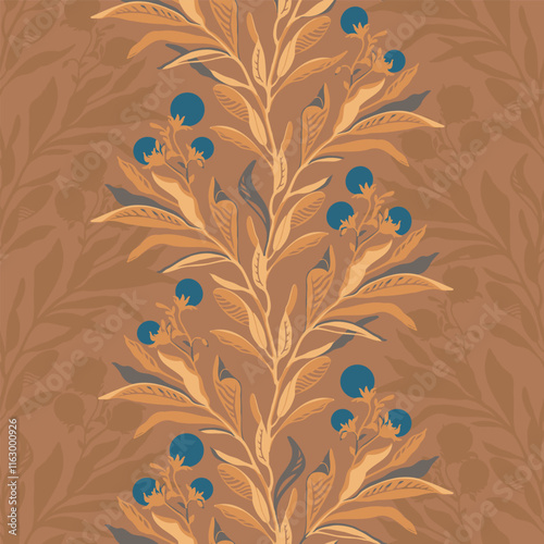 Vertical vector trailing blueberry branches with elegant leaves in a seamless caramel and toffee color palette design. For digital, fabric, or print projects, versatile for neutral and bold themes.