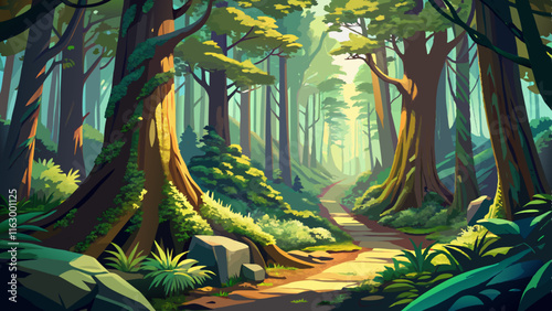 A dense forest with ancient trees towering above, sunlight filtering through the canopy, and a narrow path covered in soft moss