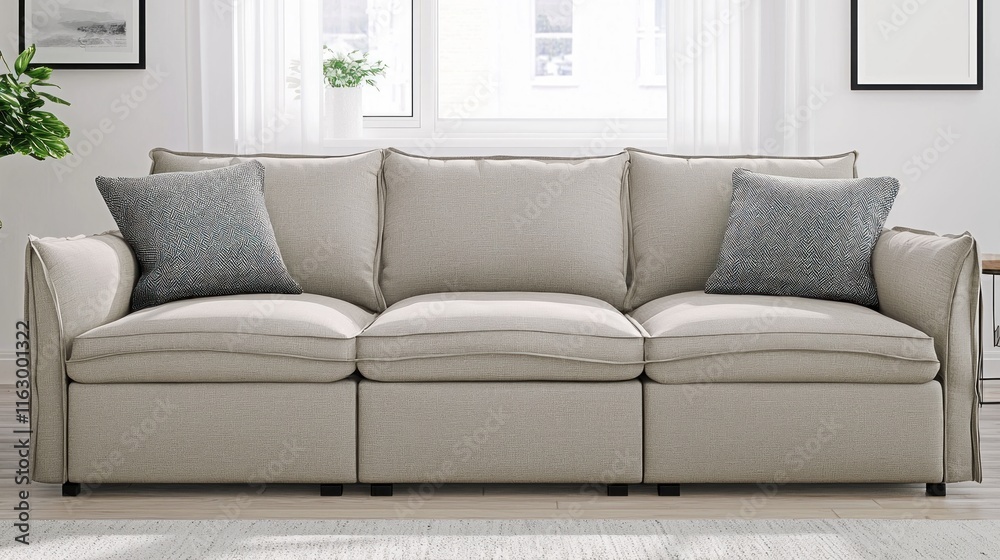 Cozy beige sofa with decorative cushions in a bright room. Cozy beige sofa with decorative cushions in a bright room.