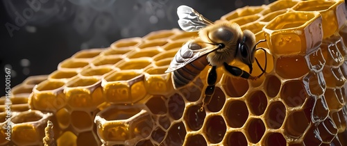 A close up of a honeycomb filled with golden honey displaying the intricate craftsmanship of bees and the sweetness of nature. Extremely detailed high resolution illustration. photo