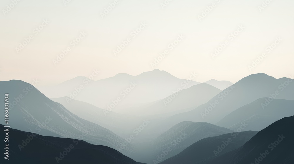 Misty mountains fade into the distance at dawn.
