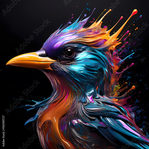 Digital artwork of a bird, detailed and dynamic, made of liquid colors with vivid splashes and color explosions, on a black background, side view, Version 4