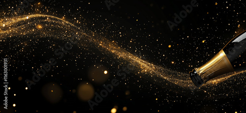 Mock-up de jet doré de bulles et de lumière scintillante s’échappant d’une bouteille de champagne sur fond noir, célébration élégante avec espace négatif copyspace pour fêtes, nouvel an et événements 