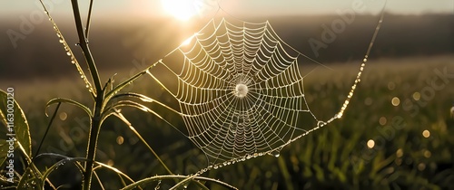 A close up of a dew laden spider web glistening in the morning sun showcasing natures delicate artistry in intricate detail. Extremely detailed high resolution illustration. photo